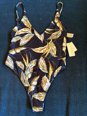 NWT l*space Kids One-Piece Swimsuit - Navy with Yellow Leaf Print